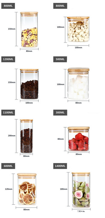 300-1400 ml Квадратни запечатани стъклени бутилки Чай Кафе на зърна Прозрачни стъклени резервоари за съхранение Буркан за бонбони и закуски с бамбуков капак