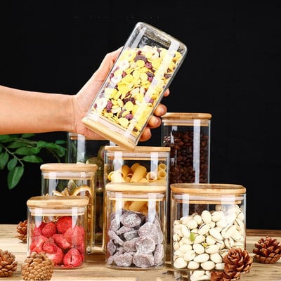 300-1400 ml négyzet alakú lezárt üvegpalackok tea kávébab átlátszó üveg tároló tartályok cukorka és snack üveg bambusz fedéllel