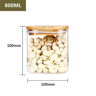 300-1400 ml négyzet alakú lezárt üvegpalackok tea kávébab átlátszó üveg tároló tartályok cukorka és snack üveg bambusz fedéllel