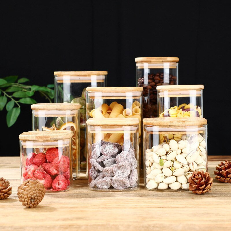 300-1400 ml négyzet alakú lezárt üvegpalackok tea kávébab átlátszó üveg tároló tartályok cukorka és snack üveg bambusz fedéllel