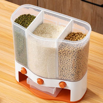 6L монтирана на стена отделна кофа за ориз Дозатор за зърнени култури Устойчив на влага пластмасови автоматични стелажи Запечатани дозиращи кутии за съхранение на храна