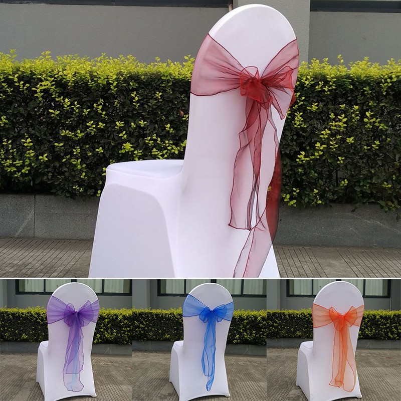 25 vnt. kėdžių mazgas vestuvių vakarėliui banketų reikmenys kėdžių varčios organza vestuvinės kėdės nugaros apdaila 18 * 275 cm 13 spalvų