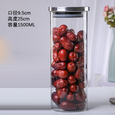 Borcan etanșat din sticlă cu bor, cu capac, cilindric, nucă, pentru ceai, sticlă, recipient pentru depozitare, sticlă transparentă pentru cereale.