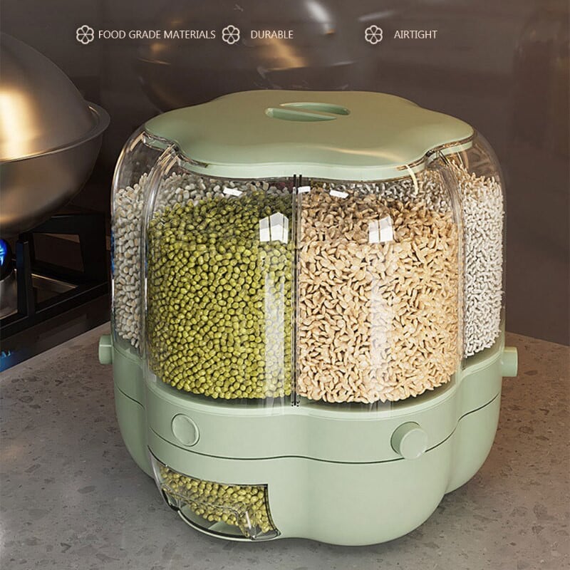 Besisukantis grūdų dozatorius Ryžių maisto grūdų laikymo konteineris baltas žalias drėgmės prevencijos virtuvės organizatorius