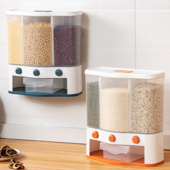 Дозатор за суха храна зърнени храни, монтиран на стена, отделна кофа за ориз, влагоустойчиви автоматични стелажи, запечатани дозиращи кухненски складове 6 л