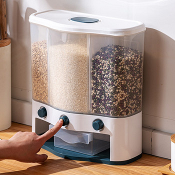Дозатор за суха храна зърнени храни, монтиран на стена, отделна кофа за ориз, влагоустойчиви автоматични стелажи, запечатани дозиращи кухненски складове 6 л
