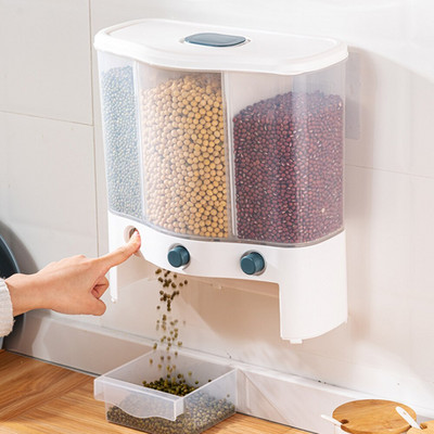Distribuitor de alimente uscate pentru cereale, montat pe perete, găleată separată pentru orez, rafturi automate rezistente la umiditate, contorizare sigilată, depozitare în bucătărie, 6 l