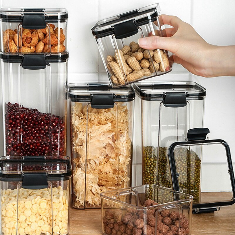 4 vnt virtuvės sandarios skardinės, grūdų laikymo stiklainiai, šaldytuvai, sukraunamos skardinės, permatomos skardinės, šviežių laikymo dėžės