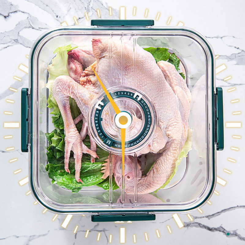 Šviežios produkcijos daržovių ir vaisių laikymo talpyklos su laiko registravimu.