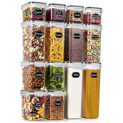 Комплект от 7 бр. Кухненска кутия за съхранение на храна Комплект контейнери Организация на килера Пластмасови кутии Органайзер с капаци Идеален за зърнени храни