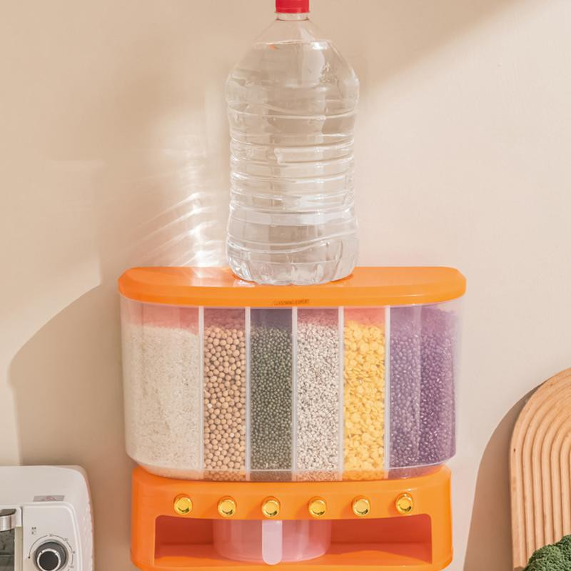 Sieninis sauso maisto dozatorius Daugiagrūdžių grūdų dozatoriaus talpykla 6 tinklelių virtuvės maisto dozatorius su lengvo valdymo mygtuko sienele