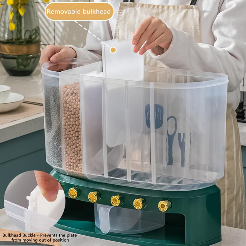 Sieninis sauso maisto dozatorius Daugiagrūdžių grūdų dozatoriaus talpykla 6 tinklelių virtuvės maisto dozatorius su lengvo valdymo mygtuko sienele