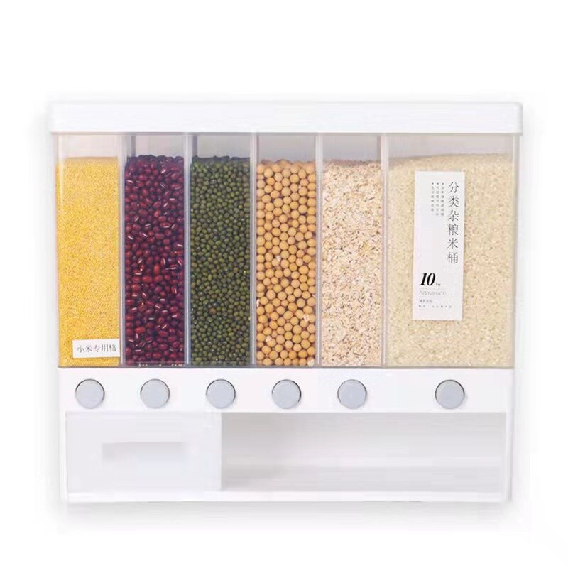 Falra szerelhető vödörhabos rizsgabona-adagoló Nedvességálló műanyag automata állványos, lezárt adagoló élelmiszertároló dobozok