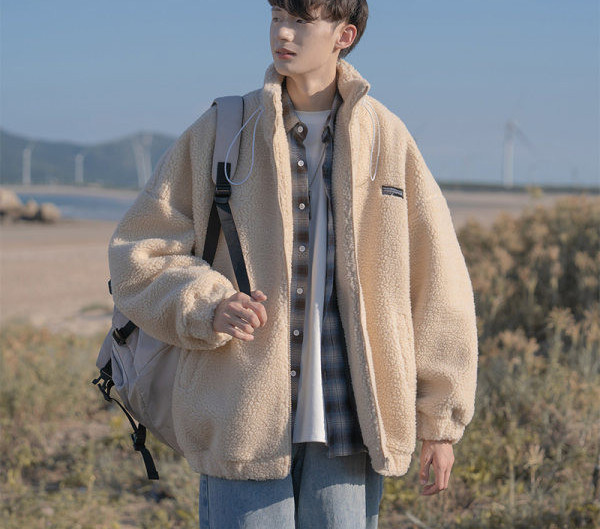 Jachetă de pluș de iarnă pentru bărbați cu șireturi și logo