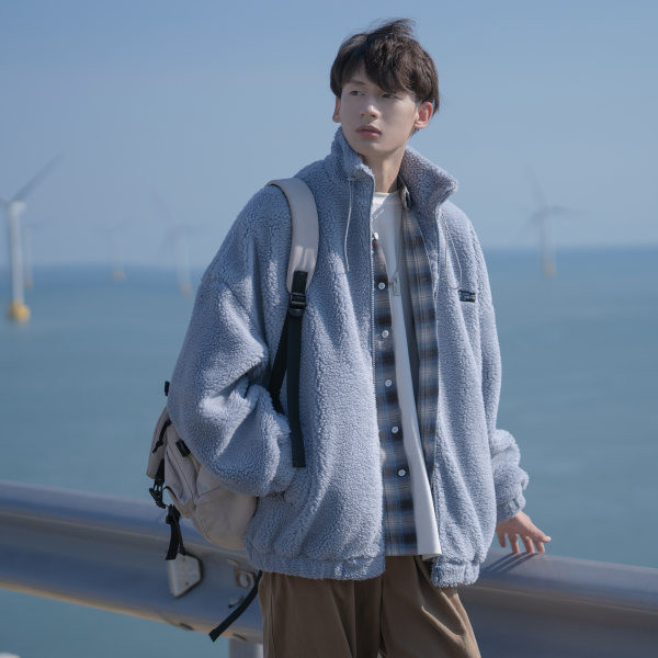 Jachetă de pluș de iarnă pentru bărbați cu șireturi și logo