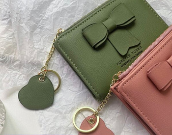 Нов модел дамски портфейл с панделка -розов и зелен цвят