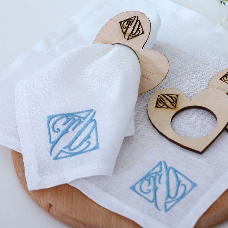 [Camellia Casa] 2 nuotraukos / rinkinys Elegantiška, aukštos kokybės siuvinėta monograma, gryno lino servetėlė, stalo dekoras, vestuvės, dovana, namai