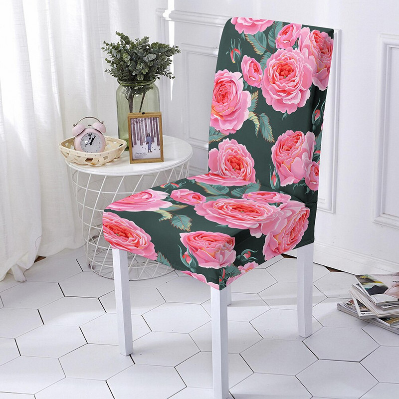 Huse pentru scaune din spandex cu imprimeu de flori de trandafiri pentru sufragerie, scaune de vara, cu spatar inalt pentru sufragerie, petrecere, nunta, decorare
