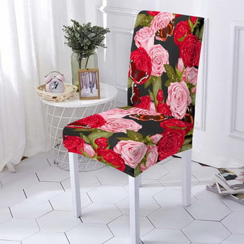 Калъфка за стол с розови цветя Еластична калъфка за банкетни столове за трапезария Еластична калъфка за стол от спандекс Предотвратява замърсяването Сваляща се калъфка за стол