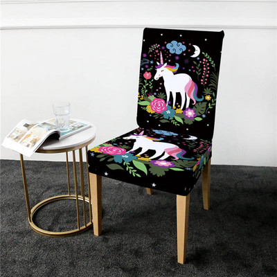 PatalynėOutlet Unicorn kėdės užvalkalas valgomojo spandex animacinis tamprus elastinis užvalkalas gėlėtas nuimamas sėdynės dėklas coprisedie 1vnt