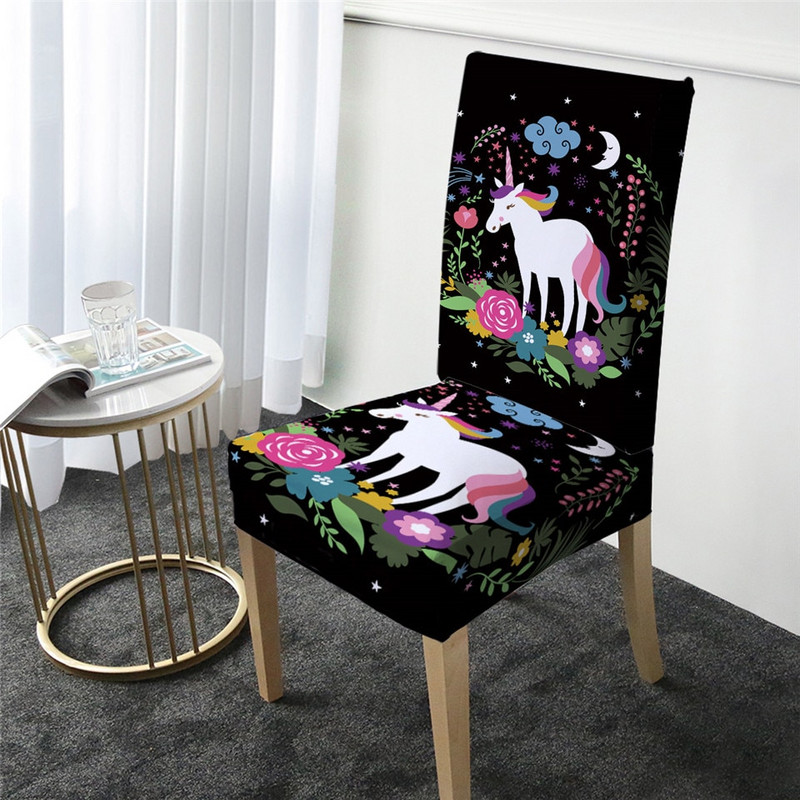 PatalynėOutlet Unicorn kėdės užvalkalas valgomojo spandex animacinis tamprus elastinis užvalkalas gėlėtas nuimamas sėdynės dėklas coprisedie 1vnt
