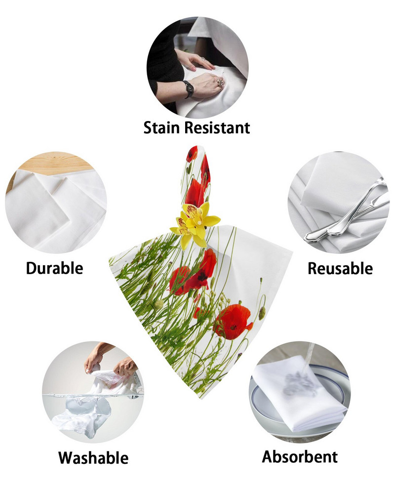 Câmp de mac, flori roșii, set de pânză pentru șervețele de masă albe, șervețele pentru petrecere de nuntă, batistă, consumabile pentru restaurante, șervețele de Crăciun