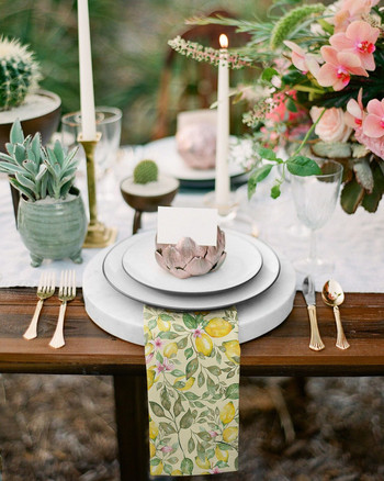 Ακουαρέλα Λεμόνι Ροζ Λουλούδι Σετ υφασμάτινο Τραπέζι Πεζοπετσέτα για πάρτι Τραπέζι Γάμου Χαρτοπετσέτες δείπνου κουζίνας