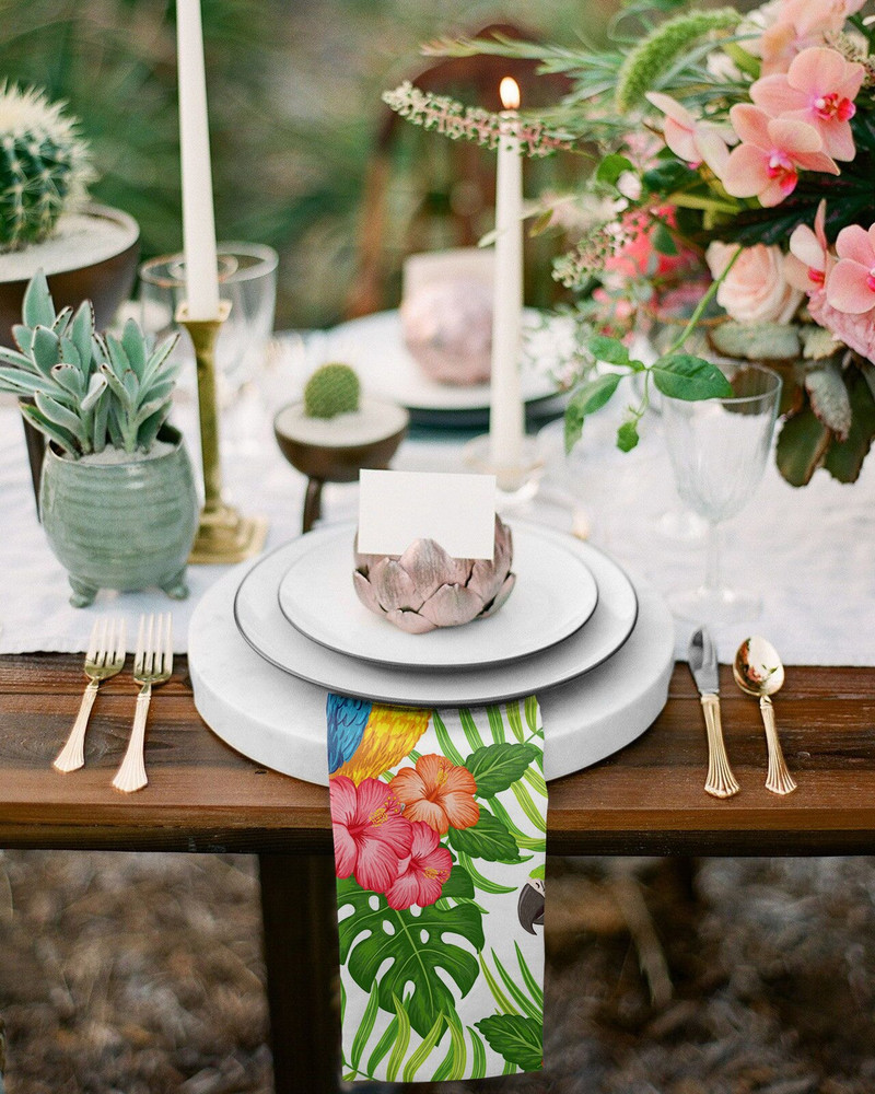 Papagáj virágok zöld trópusi növény levelek asztali szalvéta ruhakészlet szalvéta esküvői esküvői asztalterítő konyhai vacsora szalvéták