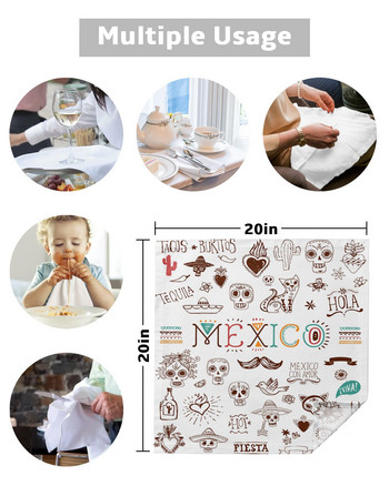Mexican Skull Cartoon Κάκτος Λευκό Τραπεζοπετσέτα Σετ υφασμάτινο σετ Χαρτοπετσέτα για πάρτι Τραπέζι γάμου Πανί κουζίνας Χαρτοπετσέτες δείπνου