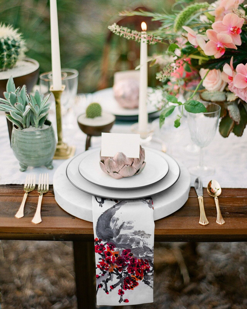 Piešimas rašalu žvirblio slyvų žiedų stalo servetėlių rinkinys Vestuvių vakarėliui servetėlės Restorano reikmenys Kalėdinės servetėlės