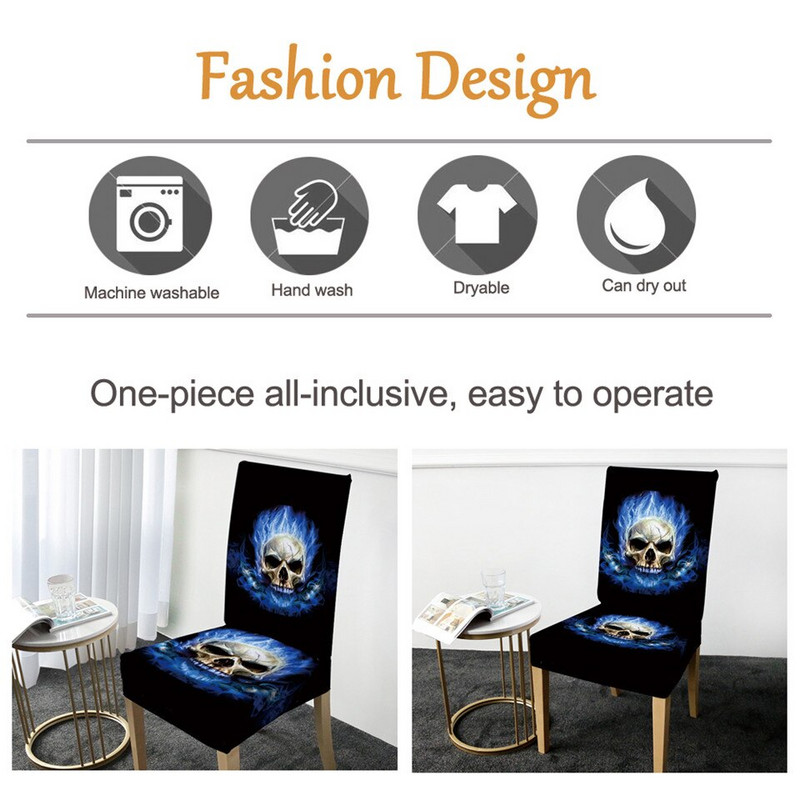 Poťah na stoličku BeddingOutlet Flame Skull Gotický odnímateľný spandexový elastický kuchynský poťah modrý ohnivý moderný poťah na sedadlo proti znečisteniu