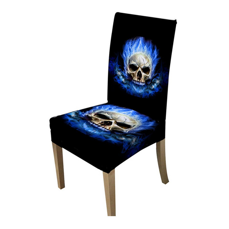 Poťah na stoličku BeddingOutlet Flame Skull Gotický odnímateľný spandexový elastický kuchynský poťah modrý ohnivý moderný poťah na sedadlo proti znečisteniu