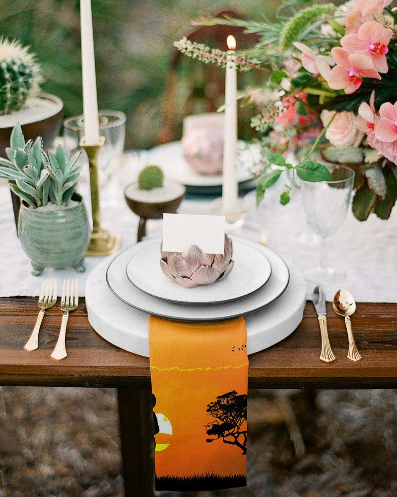 Naplemente afrikai nő gyermek fa sziluettek Asztali szalvéta kendőkészlet parti esküvői dekorációhoz Puha konyhai vacsoraszalvéták