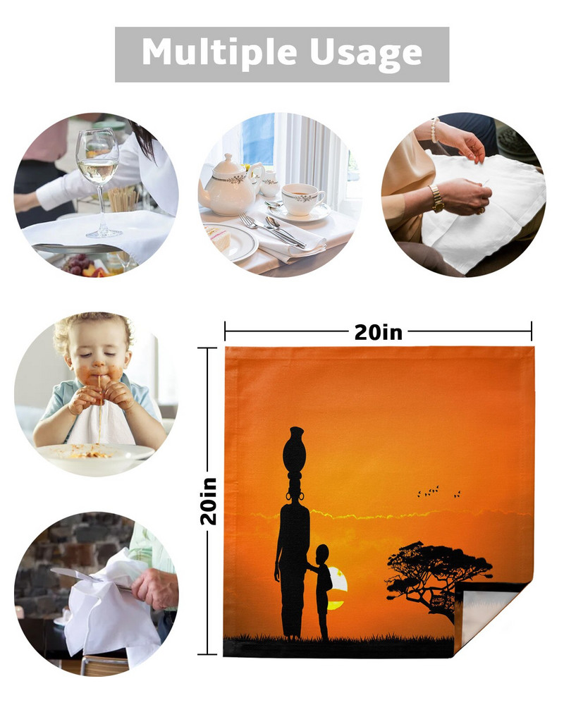 Naplemente afrikai nő gyermek fa sziluettek Asztali szalvéta kendőkészlet parti esküvői dekorációhoz Puha konyhai vacsoraszalvéták