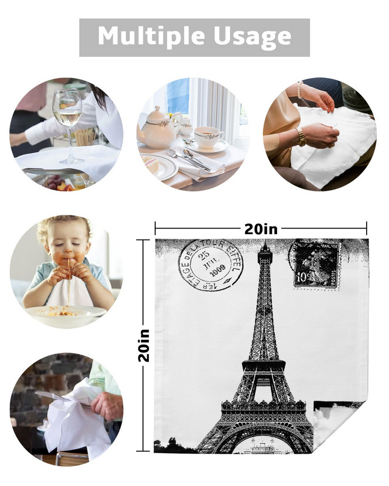 Eiffel-torony retro szüreti bélyegző fekete-fehér asztali szalvétakendő szett buli esküvői dekorációhoz Puha konyhai vacsora szalvéta kendő