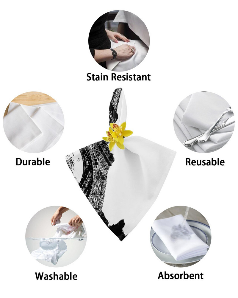 Eiffel-torony retro szüreti bélyegző fekete-fehér asztali szalvétakendő szett buli esküvői dekorációhoz Puha konyhai vacsora szalvéta kendő