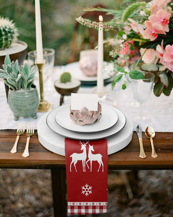 Коледна снежинка Елк Червен кариран комплект салфетки Плат за сватбено тържество Покривка за маса Меки кухненски салфетки за вечеря Коледни салфетки