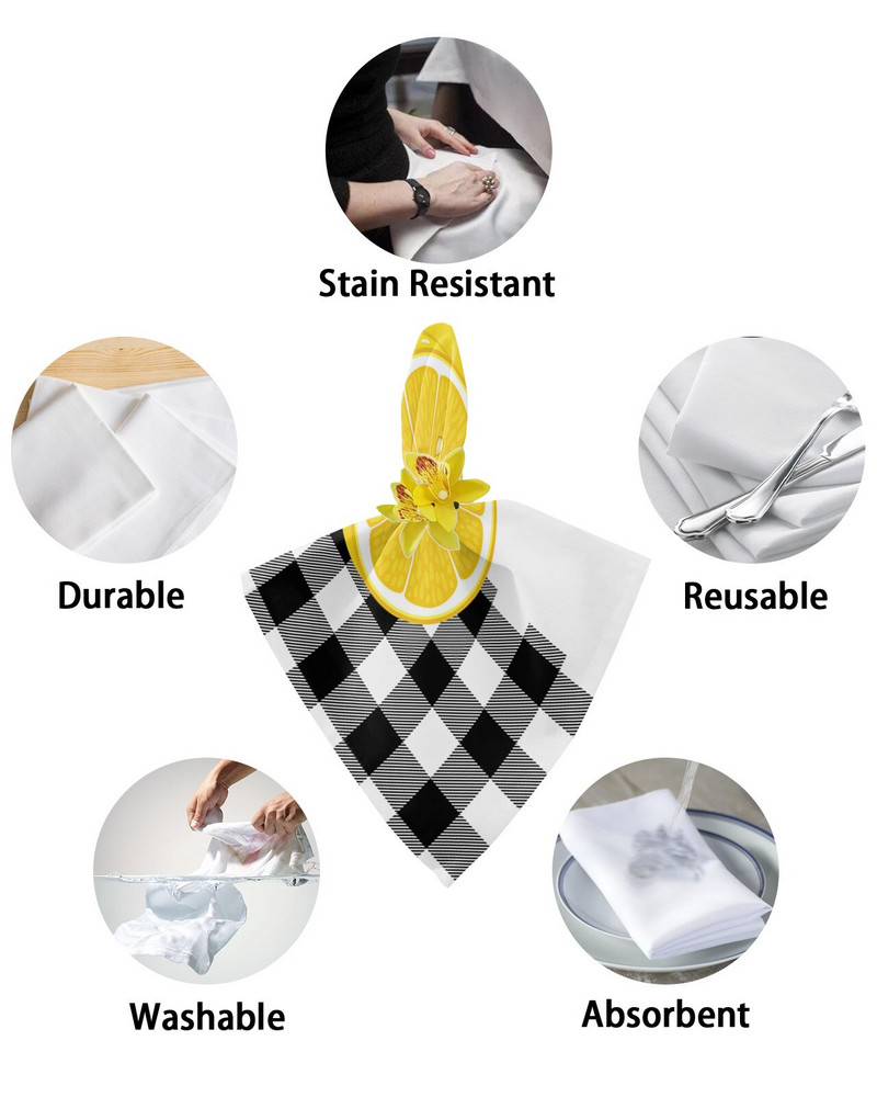 Fructe Lămâie Alb-negru Servețele de masă cu zăbrele Set de pânză Batistă moale Decorare de nuntă Banchet Servețele de cină Pânză