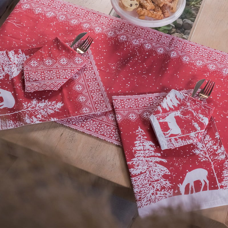 Vivamaison Snow Service obrúsky 50x50 cm 4 ks, zimný vzorovaný obrúsok, obrúsky s divokou zverou, vianočné látkové obrúsky so zvieratkami