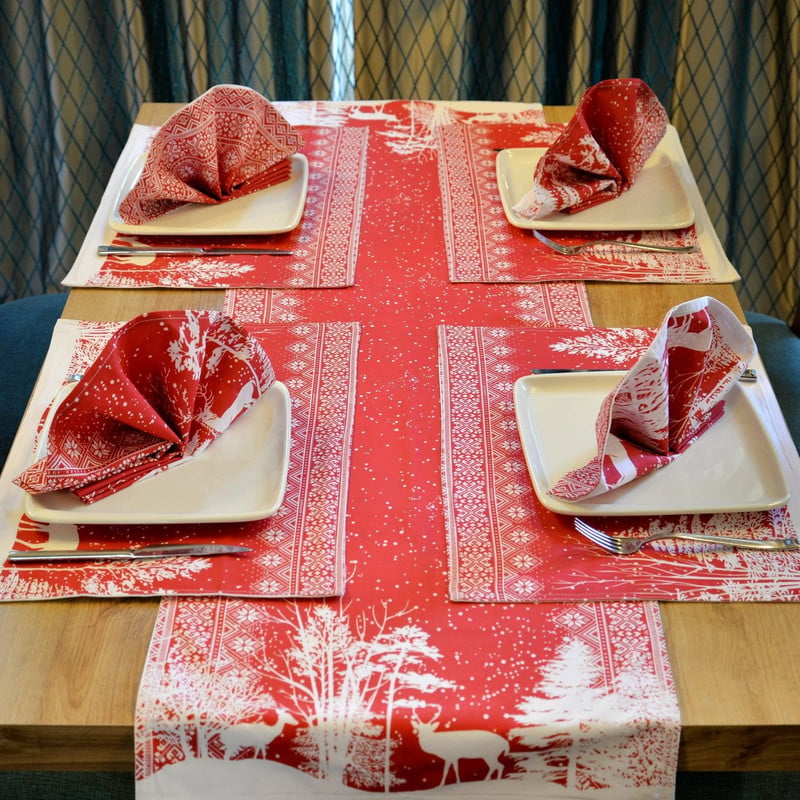 Vivamaison Snow Service obrúsky 50x50 cm 4 ks, zimný vzorovaný obrúsok, obrúsky s divokou zverou, vianočné látkové obrúsky so zvieratkami