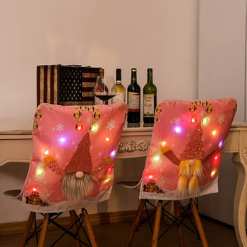 H55E Коледни пайети Faceless Gnome Калъфи за столове LED светещи розови карикатури Калъф за облегалка на стол за декорация на трапезария