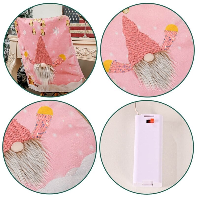 H55E karácsonyi flitterek, arc nélküli gnóm székhuzatok, LED-es világító, rózsaszín rajzfilmes szék háttámla vacsoraparti dekorációhoz