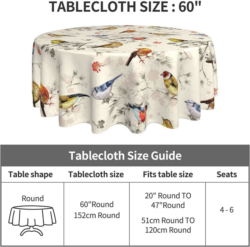 Față de masă pentru păsări de vară Față de masă rotundă de 60 inch cu păsări rustică cu rezistentă la șifonare pentru petrecere, picnic, masă, sufragerie