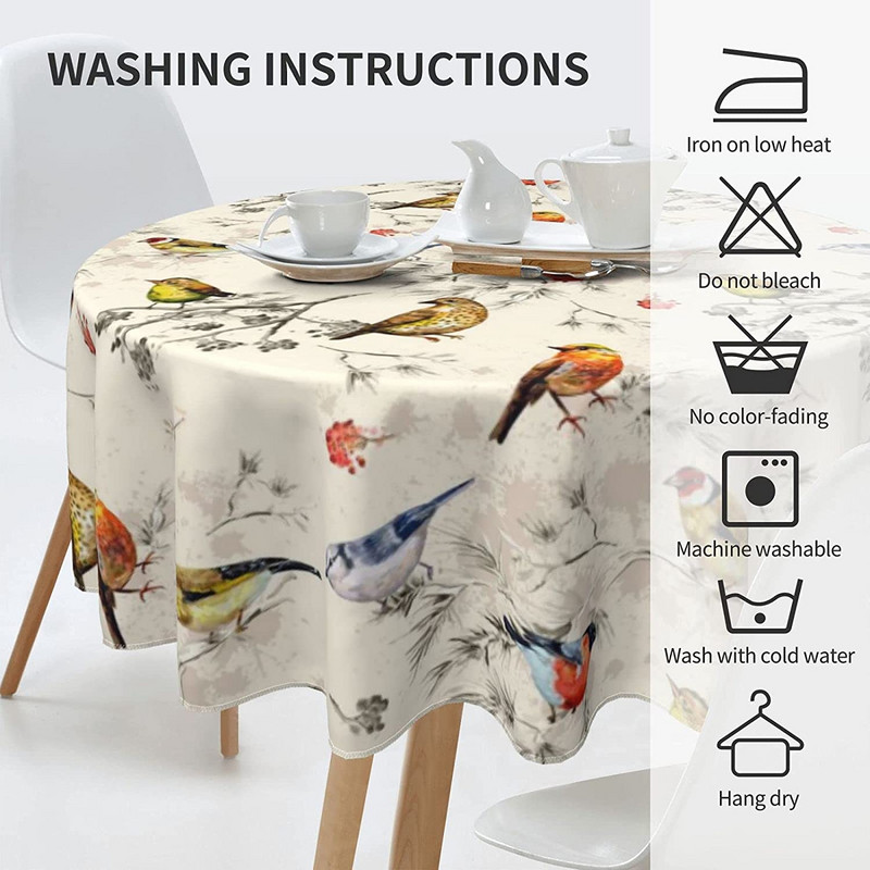 Față de masă pentru păsări de vară Față de masă rotundă de 60 inch cu păsări rustică cu rezistentă la șifonare pentru petrecere, picnic, masă, sufragerie