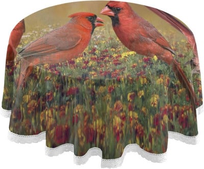 Raudona kardinolas paukščių staltiesė apvali raudona balta gėlėta staltiesė, plaunamas banketo stalo užvalkalas, skirtas namų vakarėliui iškylai pietauti