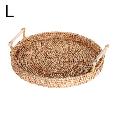 Rotango rankomis austas apvalus padėklas su rankena Vaisių krepšelis Maisto laikymo aukštai Sieniniai lėkštės pusryčiams Gėrimai Užkandžiai Kava