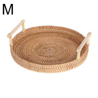 Rotango rankomis austas apvalus padėklas su rankena Vaisių krepšelis Maisto laikymo aukštai Sieniniai lėkštės pusryčiams Gėrimai Užkandžiai Kava