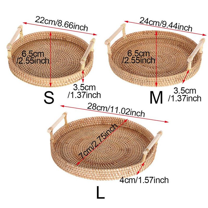 Rotango rankomis austas apvalus padėklas su rankena Vaisių krepšelis Maisto laikymo aukštai Sieniniai lėkštės pusryčiams Gėrimai Užkandžiai Kava