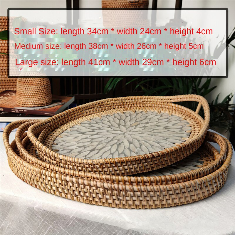 Coș din ratan, țesut manual pentru depozitare fructe, tavă pentru micul dejun, băuturi, gustări, platouri de cafea, farfurie pentru pâine, organizator de veselă pentru casă