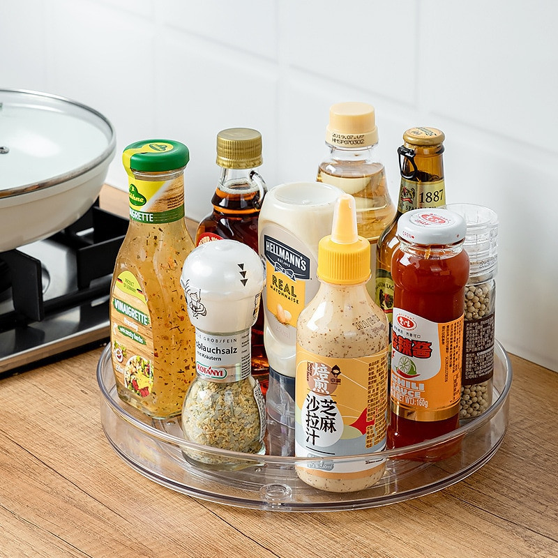 Organizér na otočný tanier, multifunkčný, priehľadný, otočný, úložný priestor, plastový kuchynský otočný tanier, stojan na korenie, organizér na kozmetický make-up